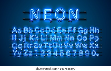 Neon city color blue font. English alphabet and numbers sign. Vector illustration