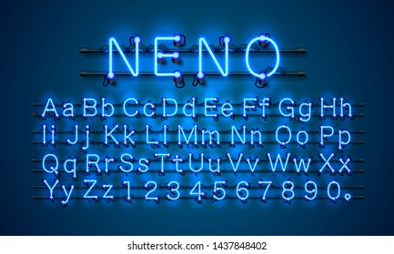 Neon city color blue font. English alphabet and numbers sign. Vector illustration