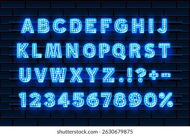 Neon city color blue font. English alphabet and numbers sign. Vector illustration