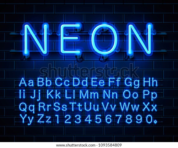 ネオンシティーの青のフォント 英語のアルファベットと数字の記号 ベクターイラスト のベクター画像素材 ロイヤリティフリー