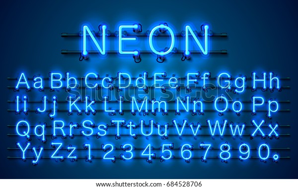 Neon city color blue font. English alphabet\
and numbers sign. Vector\
illustration