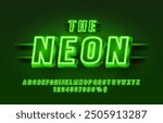 Neon city color green font. English alphabet and numbers sign. Vector illustration