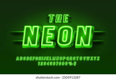 Neon city color green font. English alphabet and numbers sign. Vector illustration