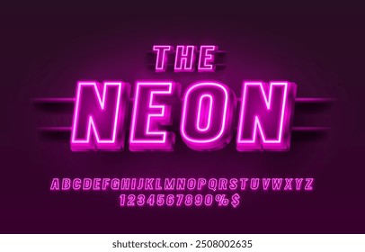 Neon city color purple font. English alphabet and numbers sign. Vector illustration