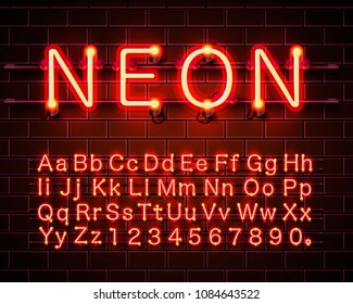 Neon city color red font. English alphabet and numbers sign. Vector illustration