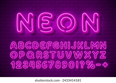 Neon city color red font. English alphabet and numbers sign. Vector illustration