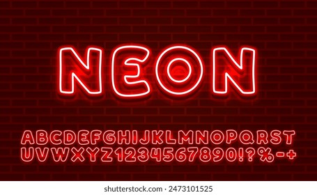 Fuente roja del color de Neon city. Alfabeto inglés y signo de números. Ilustración vectorial