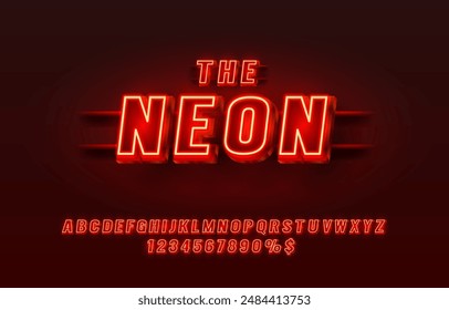 Neon city color red font. English alphabet and numbers sign. Vector illustration