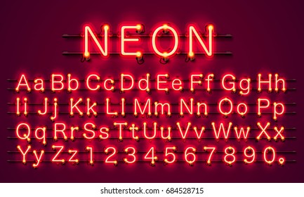 Neon City Color Red Font. English Alphabet And Numbers Sign. Vector Illustration