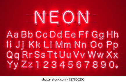 Neon city color red font. English alphabet and numbers sign. Vector illustration