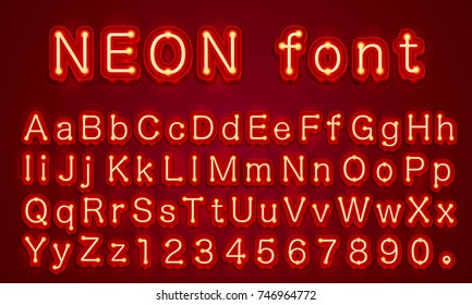 Neon city color red font. English alphabet and numbers sign. Vector illustration