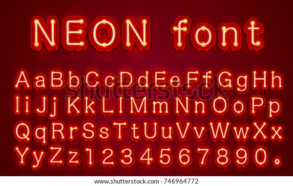 ネオンシティーのカラー赤のフォント 英語のアルファベットと数字の記号 ベクターイラスト のベクター画像素材 ロイヤリティフリー