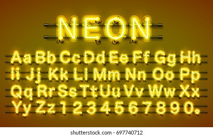 Neon City Color Yellow Font. English Alphabet And Numbers Sign. Vector Illustration