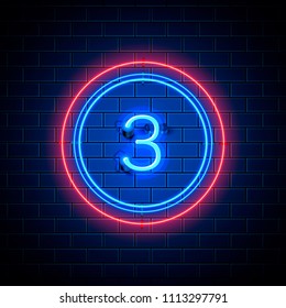 Neon city font sign number 3, signboard three. Vector illustration
