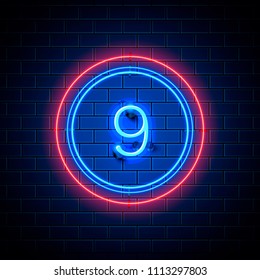 Neon city font sign number 9, signboard nine. Vector illustration