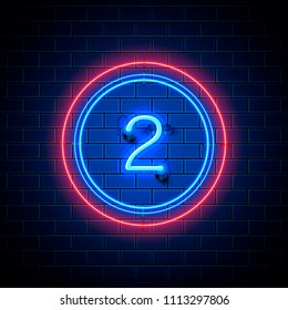 Neon City Font Sign Number 2, Signboard Two. Vector Illustration