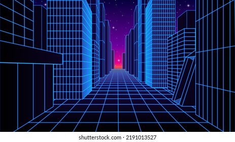 Neon city landscape with synthwave or 80s arcade style. Abstract wireframe buildings on the retro gaming street.