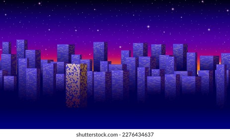 Neon city landscape with synthwave or 80s style. Abstract skyline buildings on the blue sky horizon.