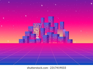 Neon city landscape with synthwave or 80s style. Abstract skyline buildings on the purple sky horizon.