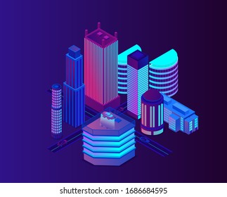 Neon city with modern and futuristic architecture. Urban future megapolis illuminated highway. Innovation in night town cartoon vector illustration.