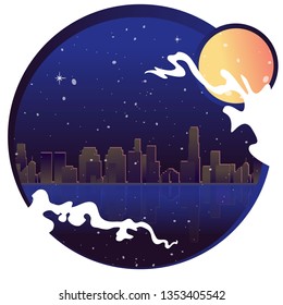 Neon city with moon, stars and ocean, vector illustration for web and print decoration cute cartoon decoration in 80's style.
