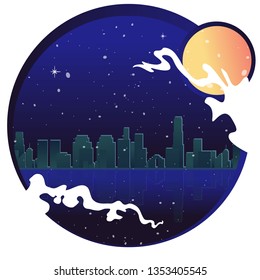 Neon city with moon, stars and ocean, vector illustration for web and print decoration cute cartoon decoration in 80's style.
