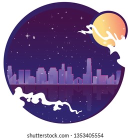 Neon city with moon, stars and ocean, vector illustration for web and print decoration cute cartoon decoration in 80's style.