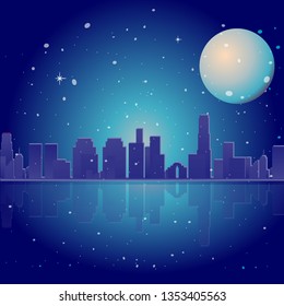Neon city with moon, stars and ocean, vector illustration for web and print decoration cute cartoon decoration in 80's style.