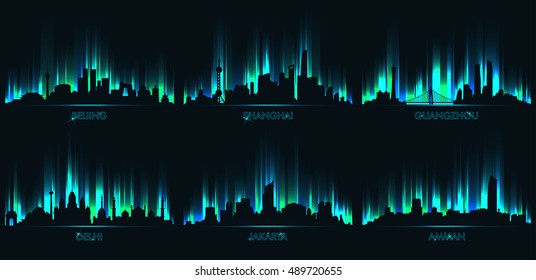 Neon city skyline, Peking, Shanghai, Guangzhou, Delhi, Jakarta, Amman