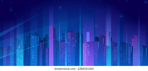 Neon city vector illustration. Night cityscape with with bright and glowing neon purple and blue lights, skylines skycraper. Futiristic glow town background concept.