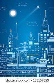 Neon city, vector lines town, infrastructure design
