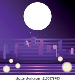 Neon cityscape, full moon and skyscrapers