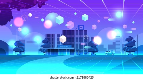 neon cityscape hospital building exterior modern clinic view through VR glasses metaverse virtual reality technology