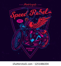 Neon classic American motorcycle. Vector illustration in vintage style.