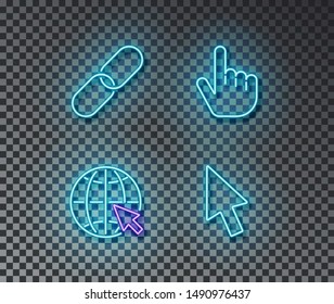 Neon click signs vector isolated on brick wall. Link, network, cursor, finger light symbol, decoration effect. Neon computer illustration.