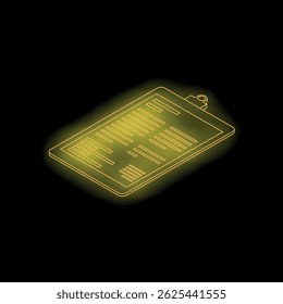 Neon clipboard glowing on a black background, symbolizing note taking, checklists, planning, or to do lists in a modern and vibrant style