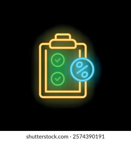 Neon clipboard showing percentage symbol with two check marks representing completed tasks