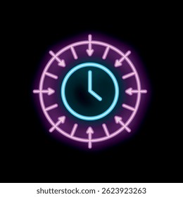 Neon clock with arrows pointing inwards on black background representing deadline approaching fast and pressure of time