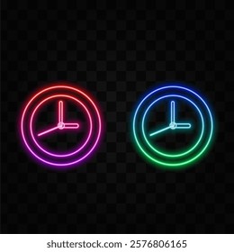 Neon clock with colored lights icon on a black background..