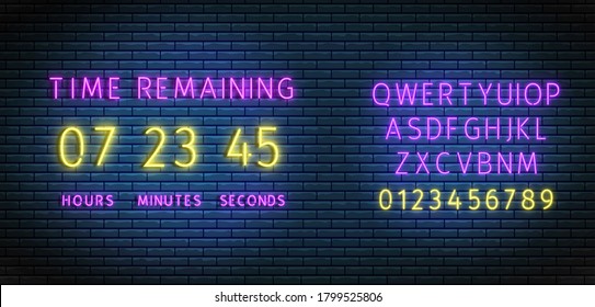 Neon clock counter. Countdown timer wiht font. Vector. Time remaining board. Illuminated digital count down. Glowing days, hours and minutes on brick wall. Scoreboard on display. Shiny illustration.