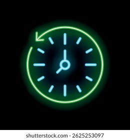 Neon clock face with a circular arrow is indicating the concept of time passing