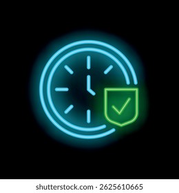 Neonuhr mit Zeitschutzkonzept mit Schildsymbol auf schwarzem Hintergrund