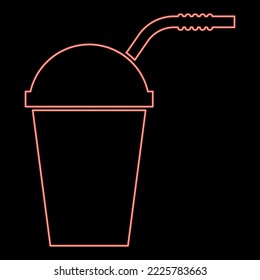 Neon closed container for hot cold drinks with straw red color vector illustration image flat style light