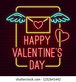 neon closed envelope with wings and heart in rectangle frame. happy valentine's day greeting card. 