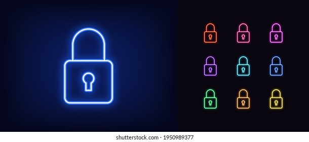 Neon closed lock icon. Glowing neon lock sign, outline padlock silhouette in vivid colors. Personal data protection, cyber security, reliable storage of information. Vector icon set, sign, pictogram