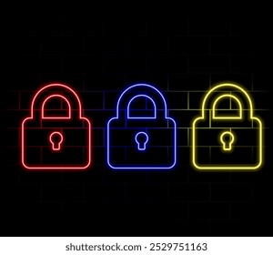 Neon closed lock icon. Glowing neon lock sign, outline padlock silhouette in vivid colors. Personal data protection, cyber security, reliable storage of information. Vector icon set, sign, pictogram.