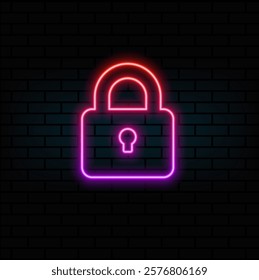 Neon closed lock icon. Glowing neon lock sign, outline padlock silhouette.