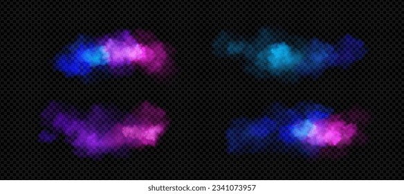 Nubes de neón en colores rosa, morado y azul vivos. Ilustración vectorial realista de fantasía mágica y niebla futurista. Fumar mágico surrealista con efecto degradado. Elementos de cúmulo brillantes iluminados.