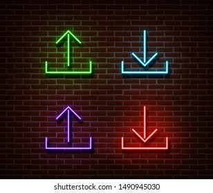 Neon cloud data signs vector isolated on brick wall. Download, upload data light symbol, decoration effect. Neon storage illustration.