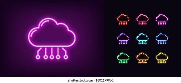Neon cloud hosting icon. Glowing neon cloud service, online datacenter in vivid colors. SaaS solution, computing center, data exchange platform. Icon set, sign, symbol for UI. Vector illustration